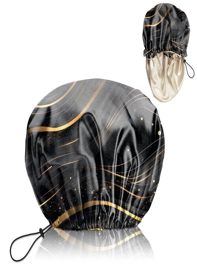 BHAHB Luxury Shower Cap Satin Lined Reusable Waterproof Double Layer Elastic Adjustable Hair Bath Cap Cute Aesthetic Women Girls-Black Marble - Image 1